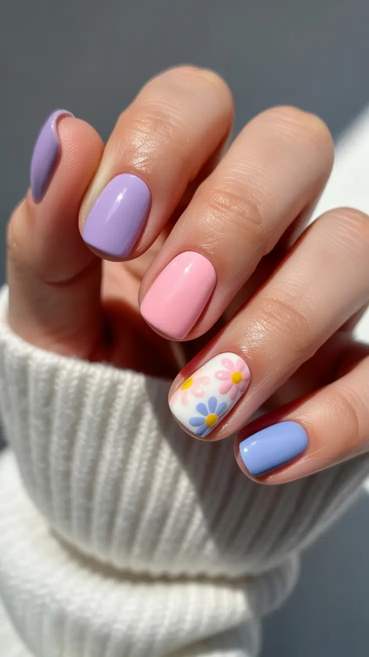 best spring short nails to try 2026 Pastel Mix Short Nails with Mini Flower Accent