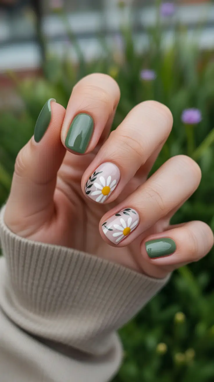 best spring short nails to try 2026 Olive Green Daisy Short Nails