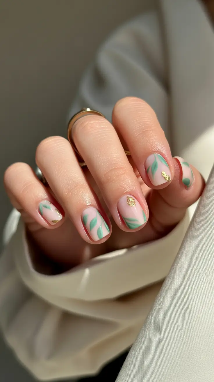 best spring short nails to try 2026 Minimal Leaf Short Nails with Gold Foil