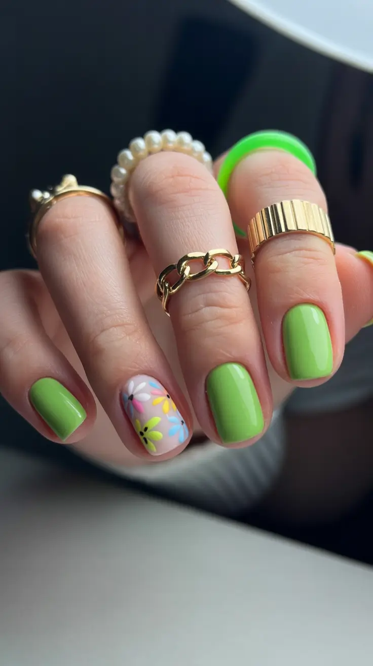 best spring short nails to try 2026 Bright Lime Green Short Nails with Playful Floral Accent