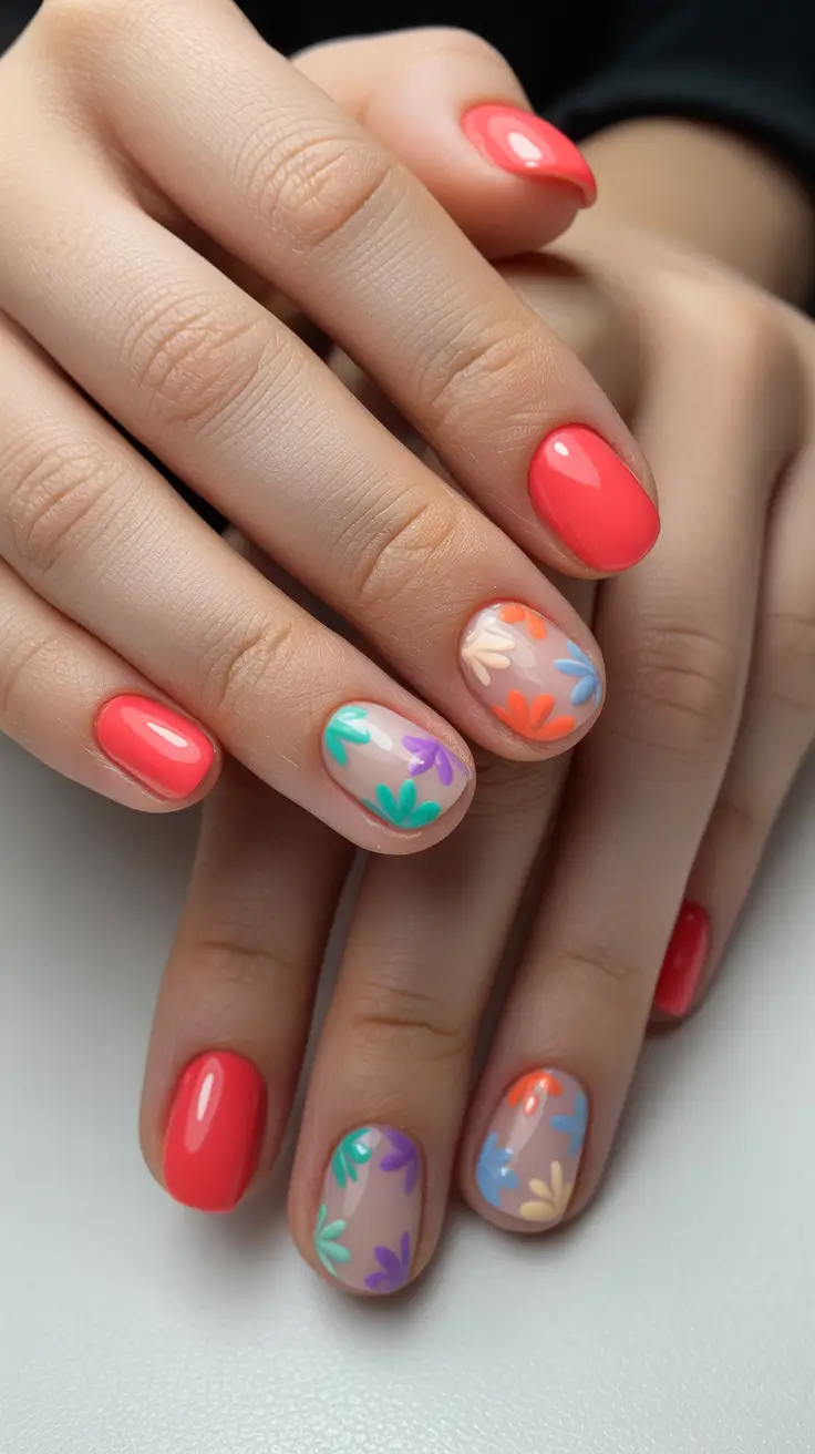 best spring short nails to try 2026 Coral Bloom Short Nails with Colorful Petal Art