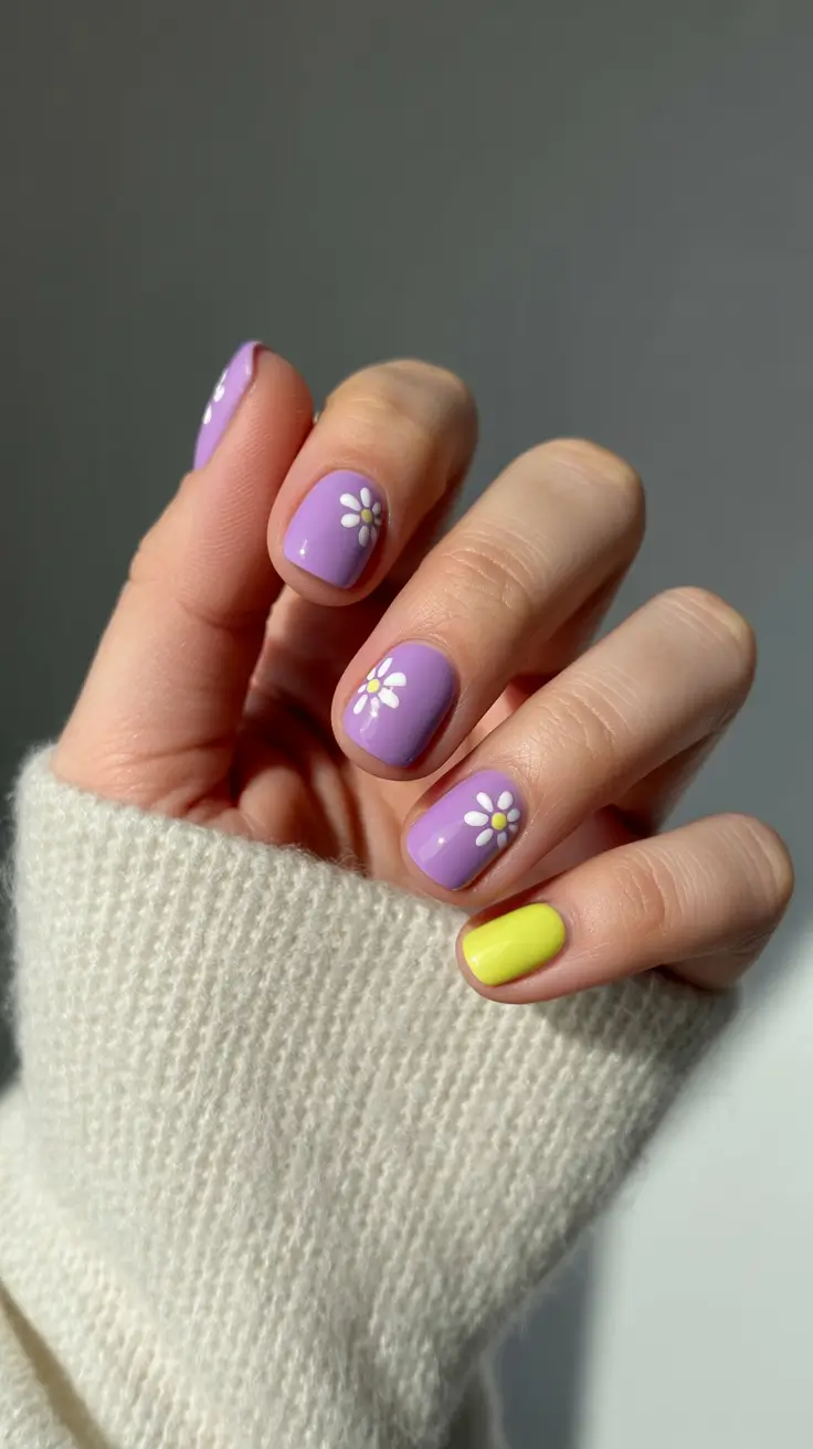 best spring short nails to try 2026 Lavender Daisy Short Nails with Yellow Accent
