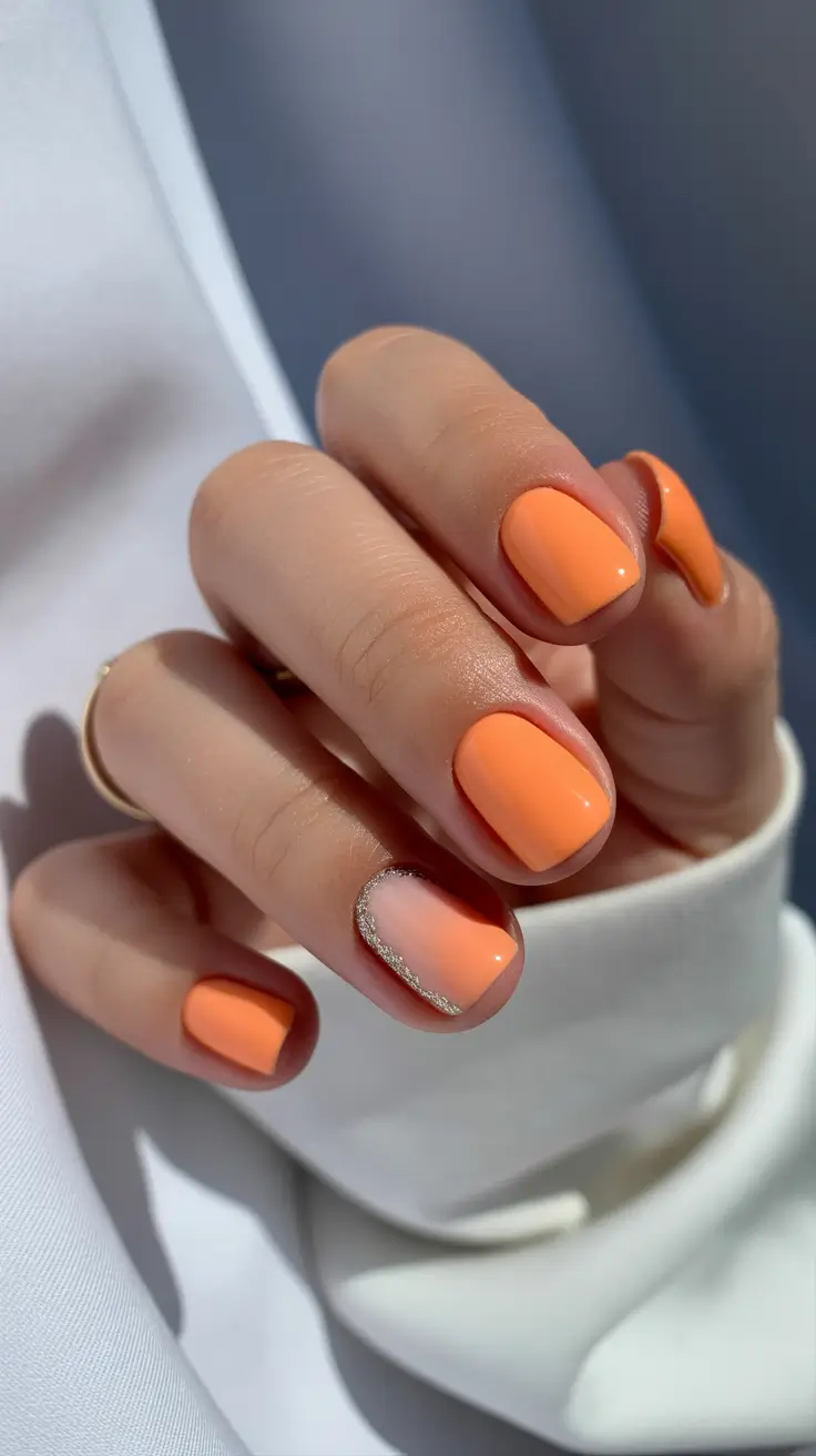 best spring short nails to try 2026 Peach Sorbet Short Nails with Glitter French Curve