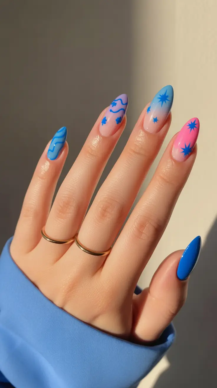 spring vacation nails blue Cosmic Blue Star Almond Nails for Spring Vacation Nails Blue