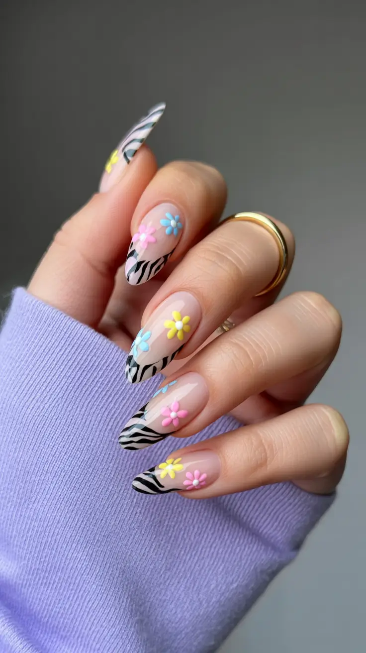 spring vacation nails french tip Zebra French Tip Almond Nails with Cute Spring Flowers