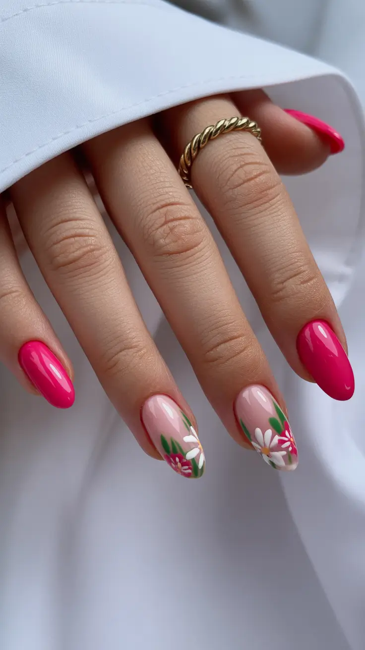 spring vacation nails pink Pink Floral Almond Nails for Cute Spring Vacation Nails