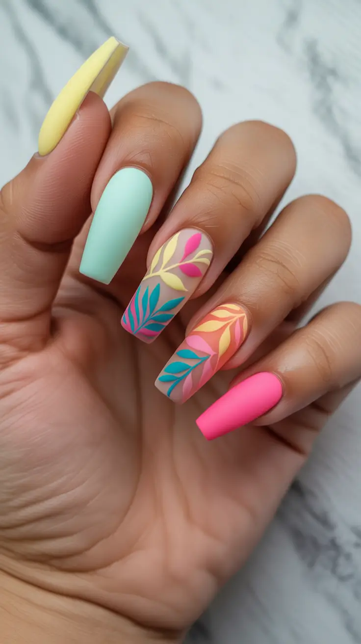 spring vacation nails 2026 Pastel Tropical Leaf Square Long Nails for Bright Spring Vacation Nails
