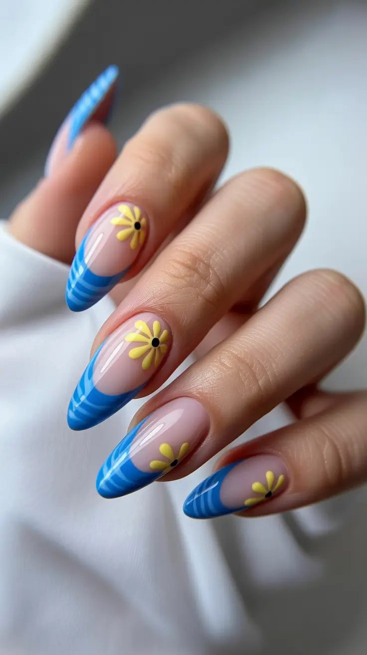 spring vacation nails blue Blue Floral French Tip Almond Nails for Spring Vacation Nails Blue