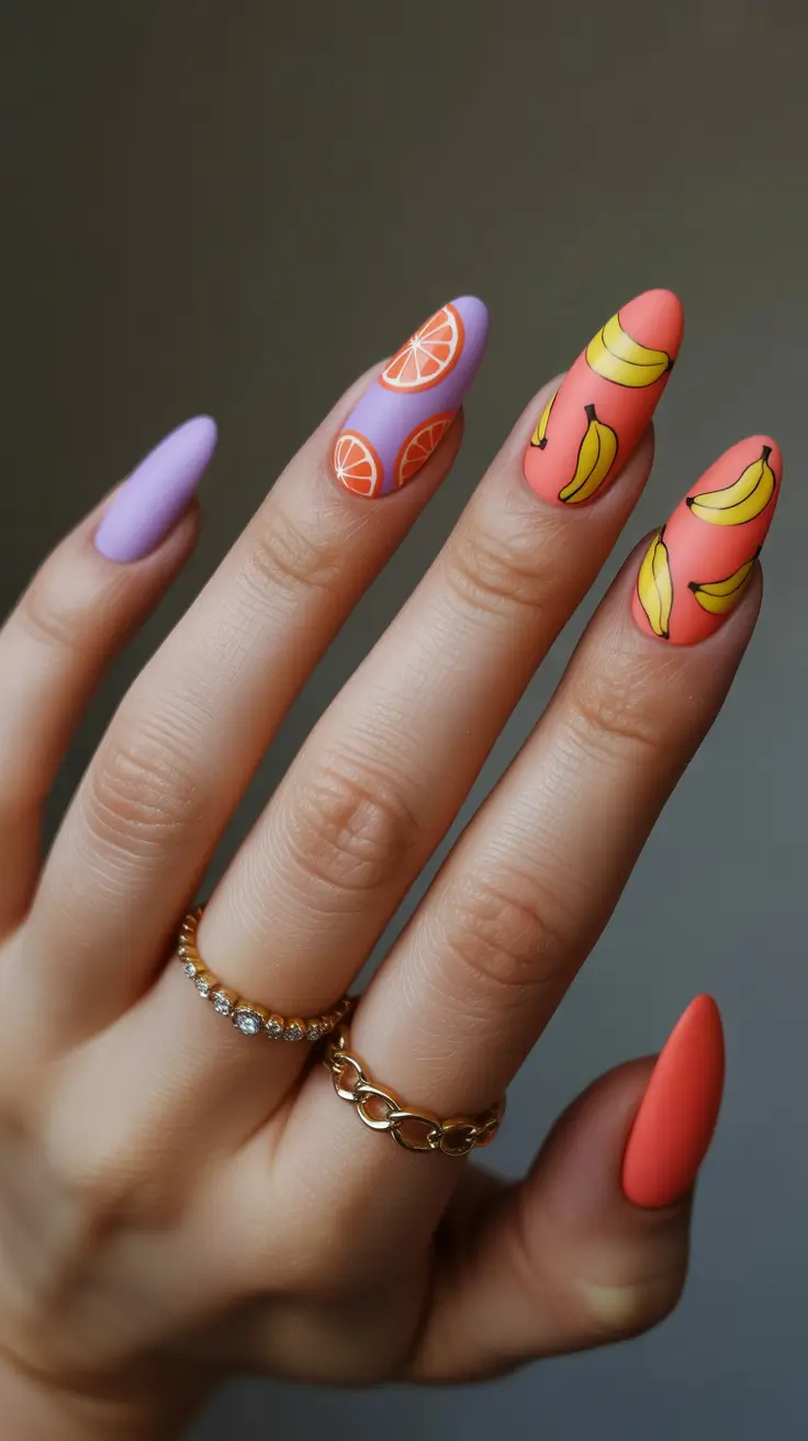 spring vacation nails 2026 Citrus and Banana Fruit Almond Nails for Fun Spring Vacation Nails