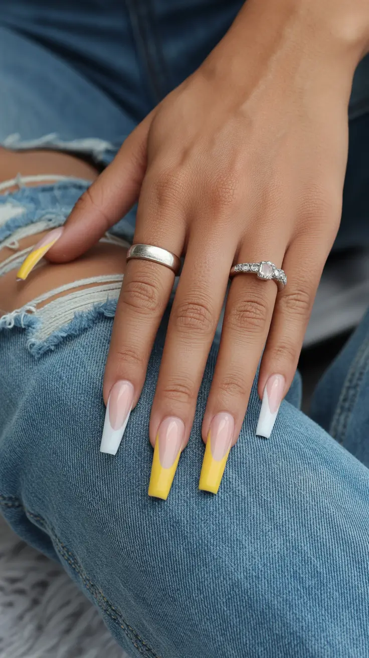spring vacation nails french tip Yellow and White French Tip Square Long Vacation Nails