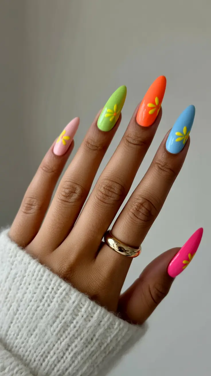 spring vacation nails simple Bright Pastel Almond Nails with Simple Floral Spring Designs