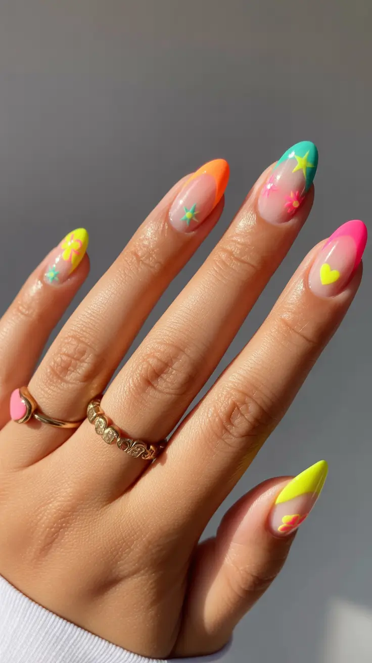 spring vacation nails 2026 Neon Mix Almond Tips with Cute Spring Vacation Designs