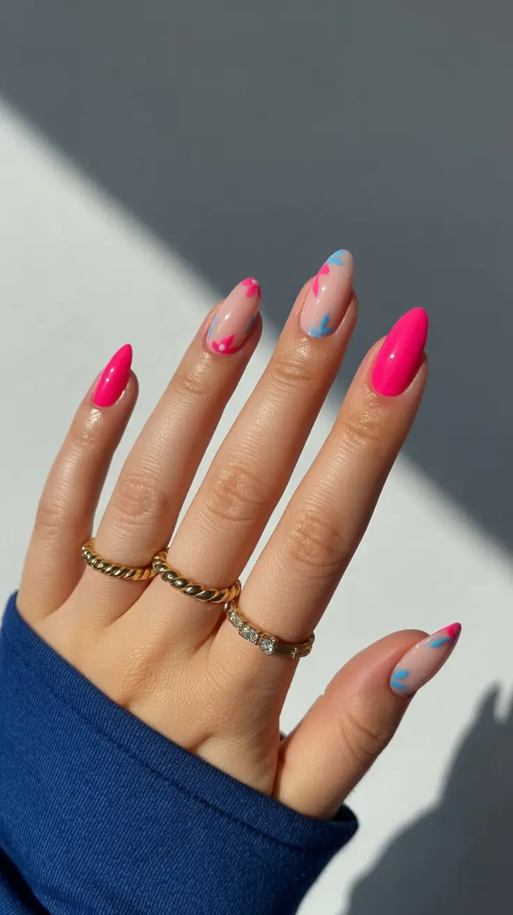 spring vacation nails pink Hot Pink Almond Nails with Playful Butterfly Details