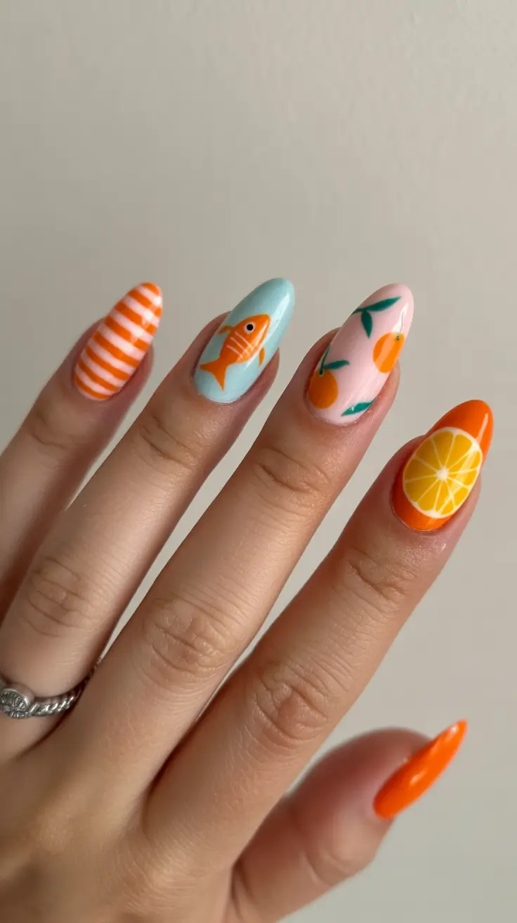 spring vacation nails blue Playful Coastal Nail Art with Blue and Orange Vacation Designs