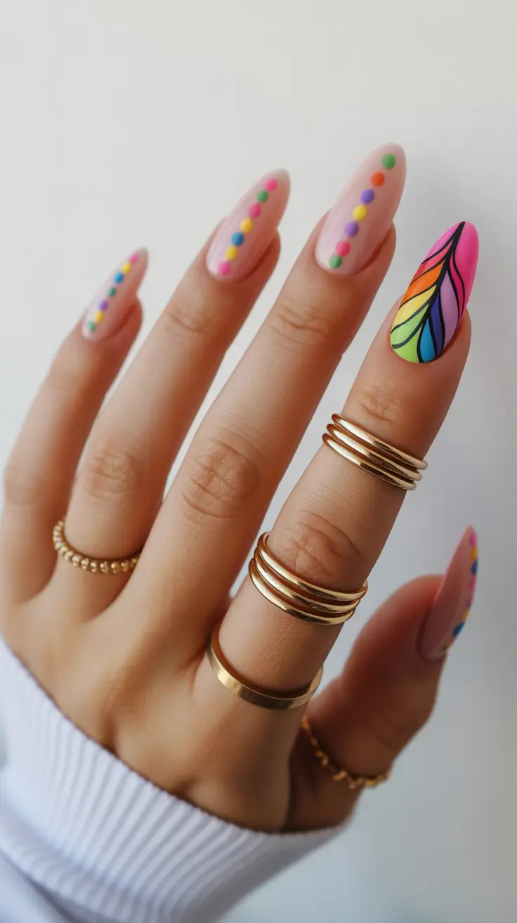 spring vacation nails 2026 Rainbow Dot Art Almond Nails for Fun Spring Vacation Nails 2026