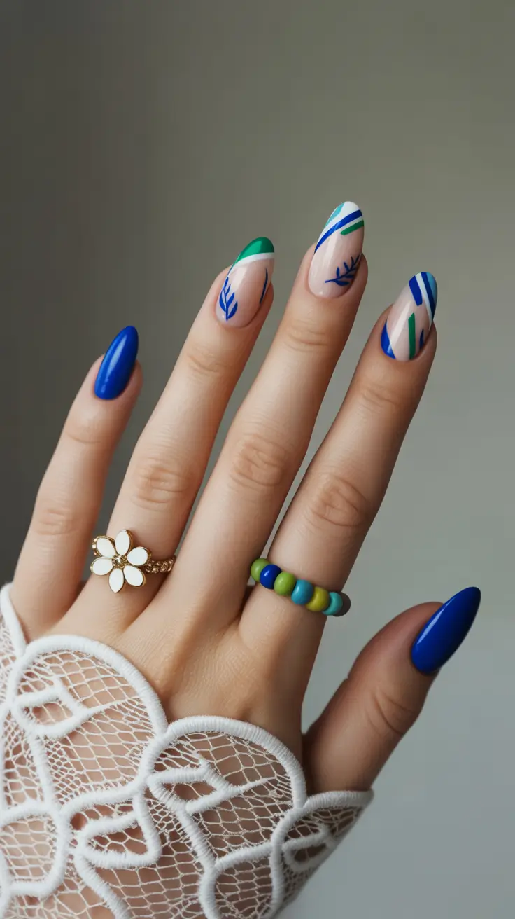 spring vacation nails blue Blue and Green Graphic Almond Nails for Spring Vacation Nails Blue