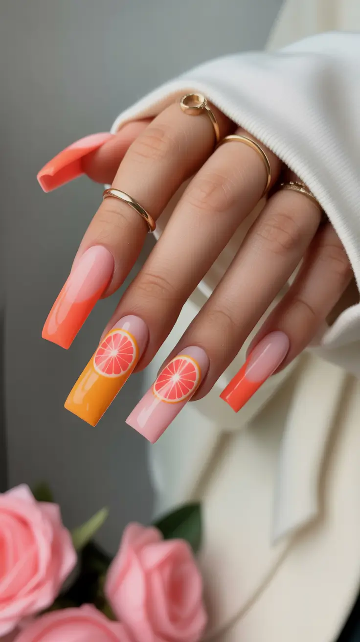 spring vacation nails 2026 Grapefruit Ombre Square Long Nails for Bright Spring Vacation Nails