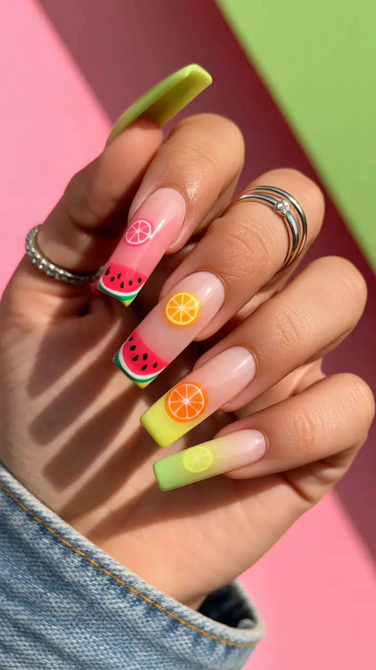 spring vacation nails the beach Watermelon and Citrus Neon Square Nails for Fun Beach Vacation Nails