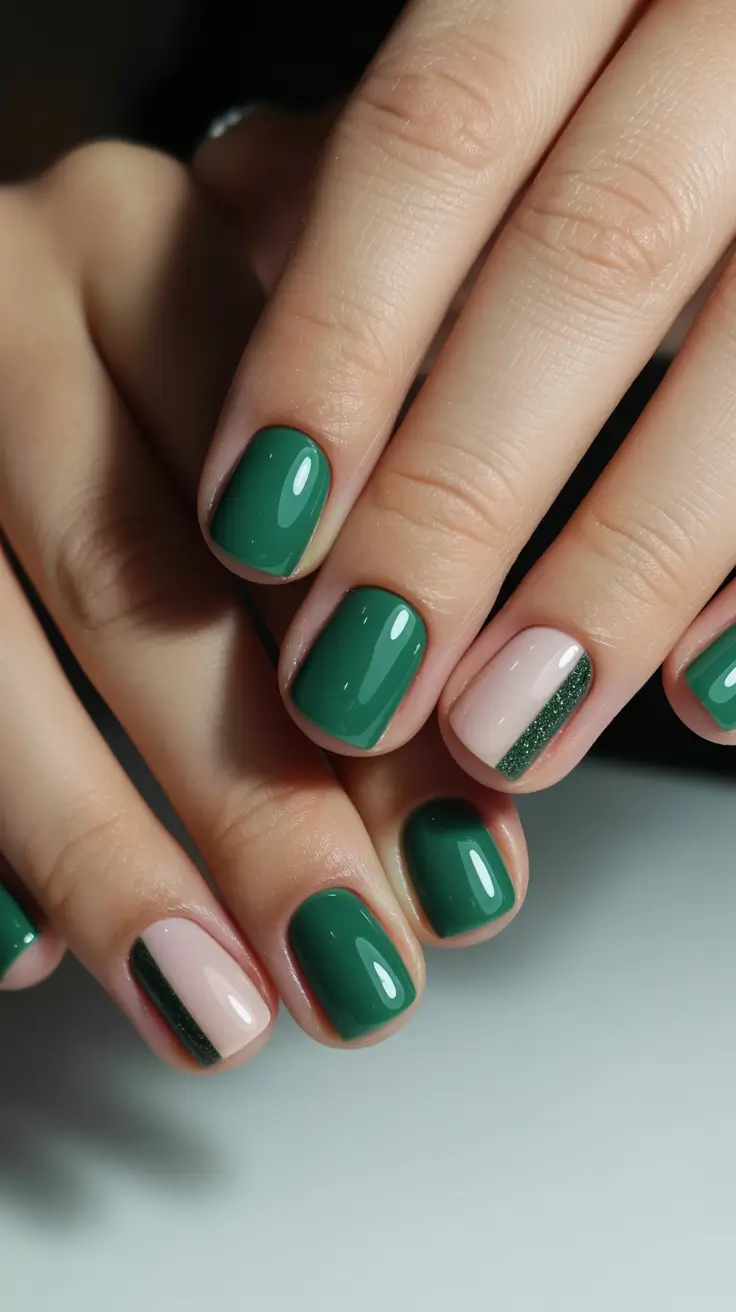 classy short spring nails 2026 Deep Green Minimal Nails with Graphic Accent
