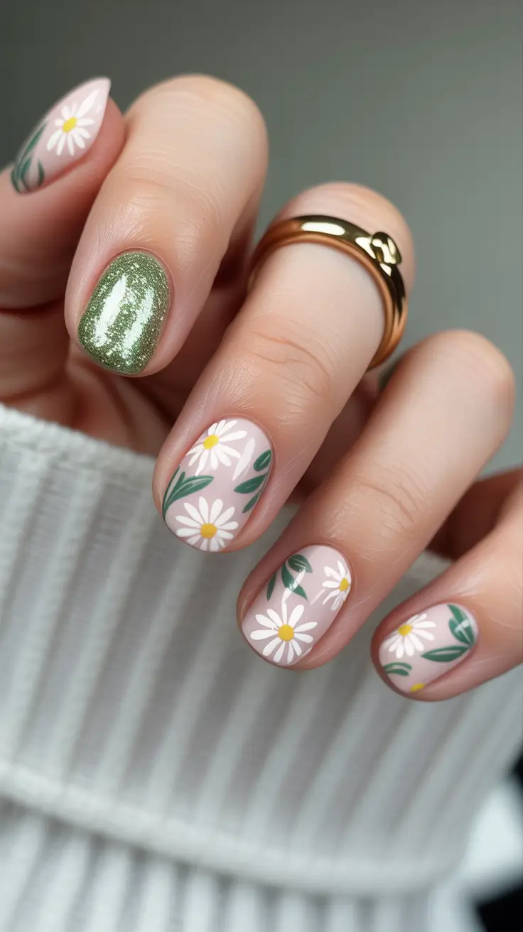 classy short spring nails 2026 Fresh Daisy Accent Nails with Botanical Balance