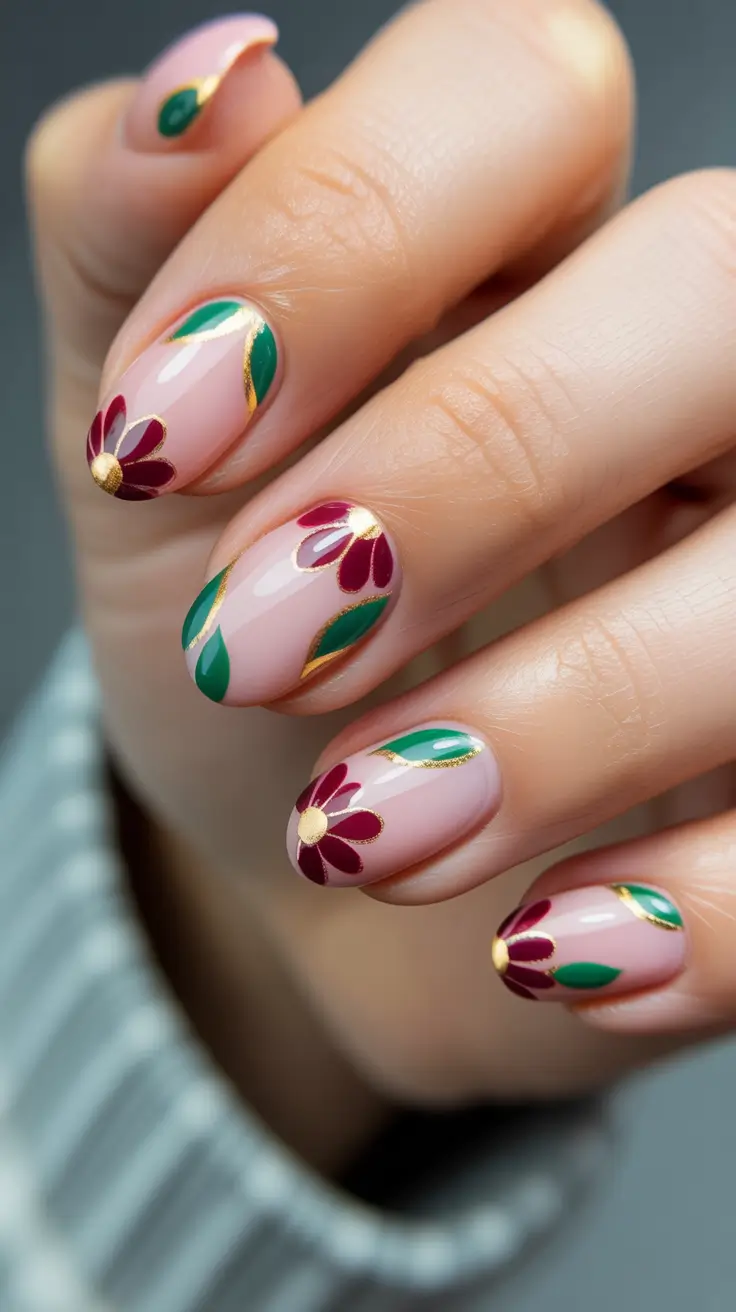 classy short spring nails 2026 Elegant Floral Lines with Golden Detail