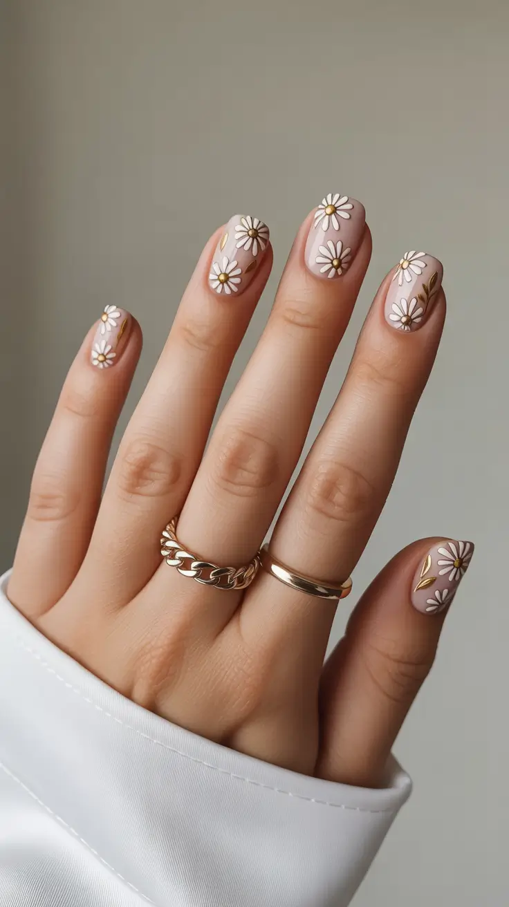 classy short spring nails 2026 Soft Neutral Daisy Pattern for Romantic Spring Nails