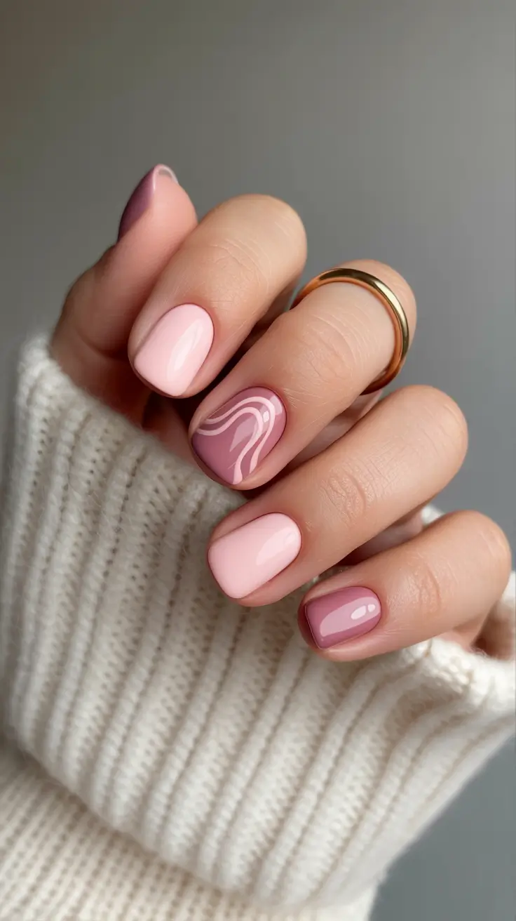 classy short spring nails 2026 Soft Blush Swirl Accent for Elegant Short Spring Nails