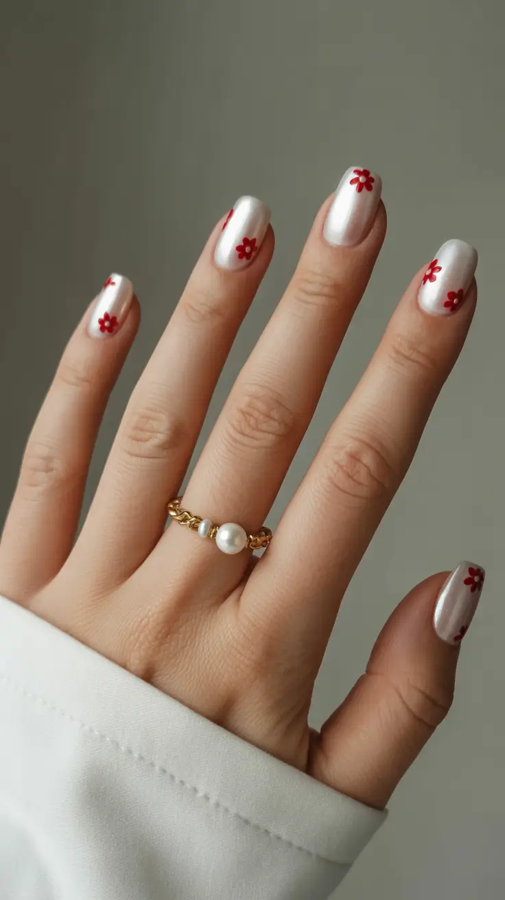 classy short spring nails 2026 Soft Pearl Floral Nails for Elegant Spring Simplicity