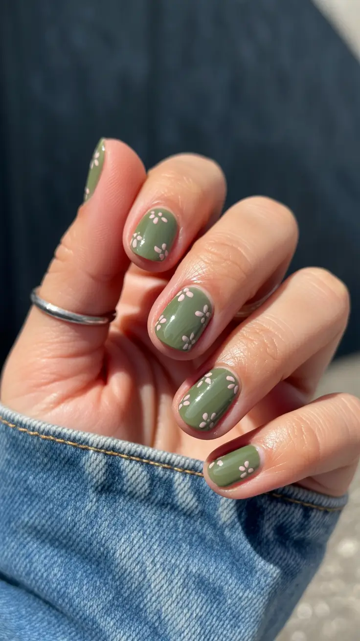 classy short spring nails 2026 Fresh Green Floral Nails for Playful Spring Energy