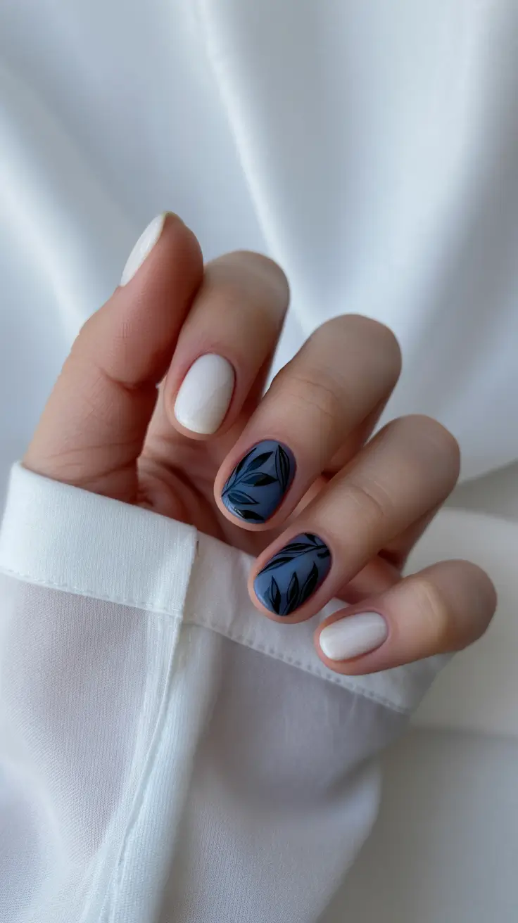 classy short spring nails 2026 Minimal Botanical Blue Nails for Calm Spring Style