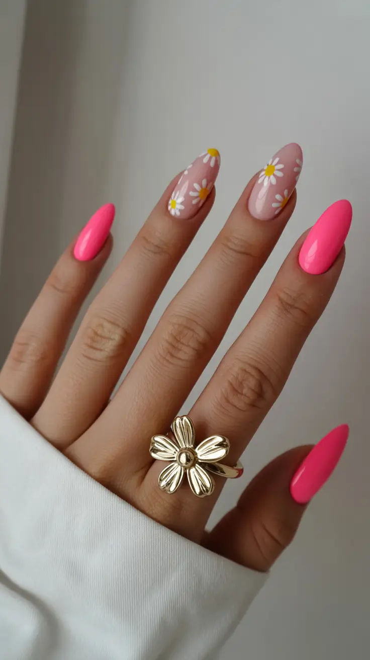classy spring hot pink nails 2026 Fresh Daisy Accents with Bright Pink Spring Energy