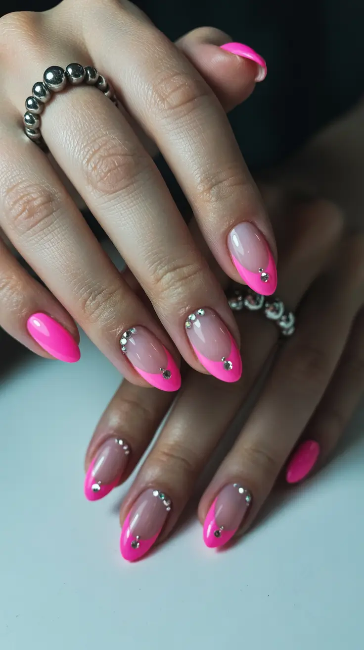 classy spring hot pink nails 2026 Hot Pink French Tips with Crystal Accents