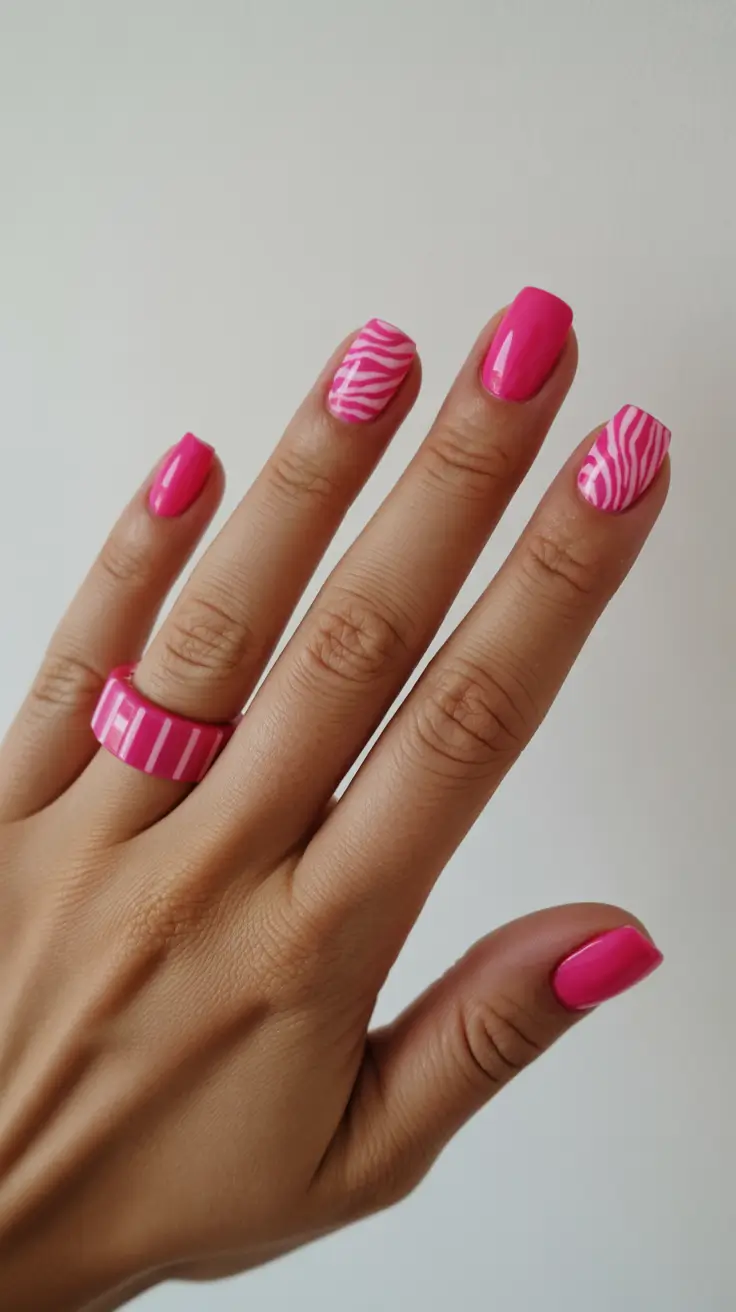 classy spring hot pink nails 2026 Modern Zebra Accent Nails in Hot Pink