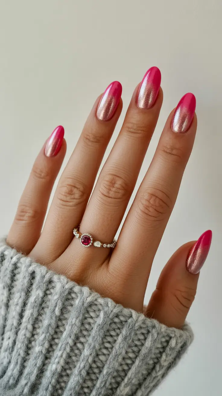 classy spring hot pink nails 2026 Rose Gold Chrome Fade with Vibrant Pink Edges