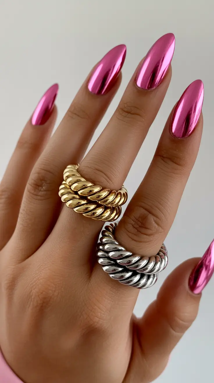 classy spring hot pink nails 2026 Mirror Hot Pink Chrome for a Bold Fashion Moment