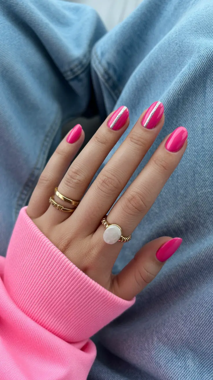 classy spring hot pink nails 2026 Minimalist Hot Pink Nails with Sleek Silver Accent