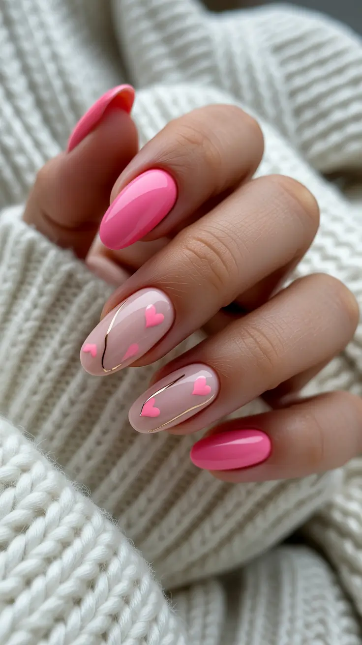 classy spring hot pink nails 2026 Soft Romantic Hearts with a Glossy Pink Finish