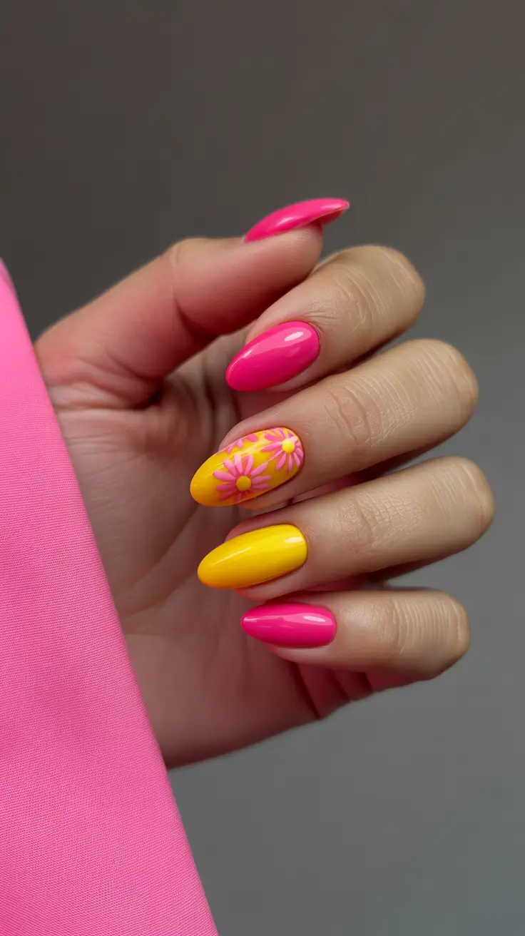 classy spring hot pink nails 2026 Hot Pink and Yellow Daisy Nails for a Bright Spring Mood