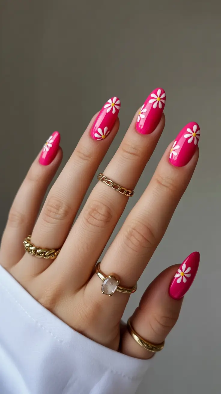 classy spring hot pink nails 2026 Classic Hot Pink Nails with Simple Daisy Art