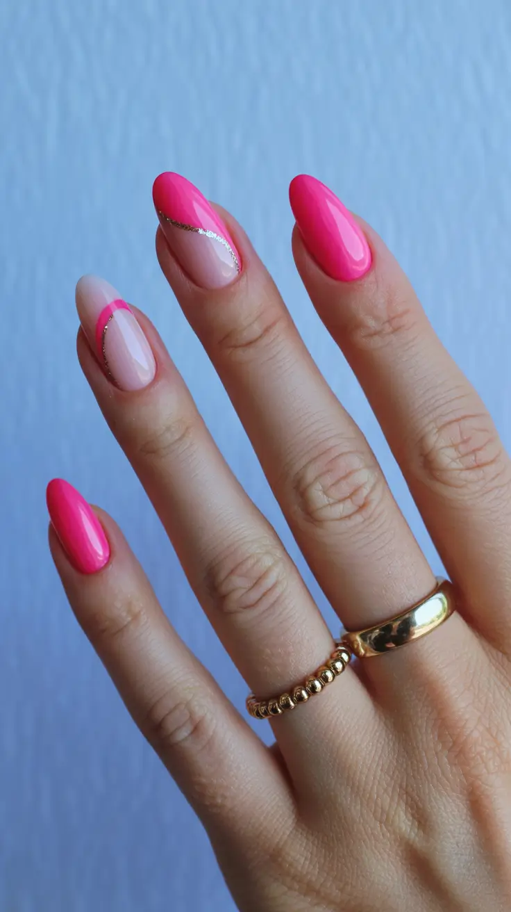 classy spring hot pink nails 2026 Modern Almond Pink with Minimal Gold Accents