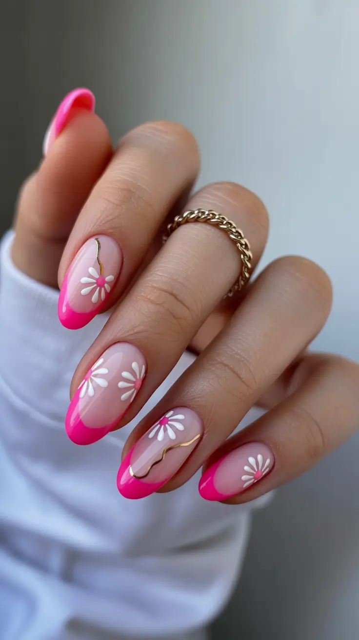 classy spring hot pink nails 2026 Delicate Daisy Art with Bright French Tips