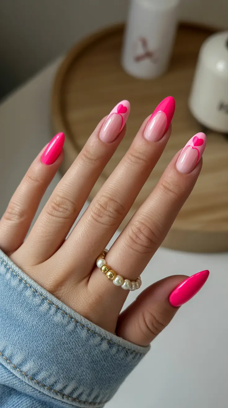 classy spring hot pink nails 2026 Elegant Heart Accent Nails for a Bold Spring Mood