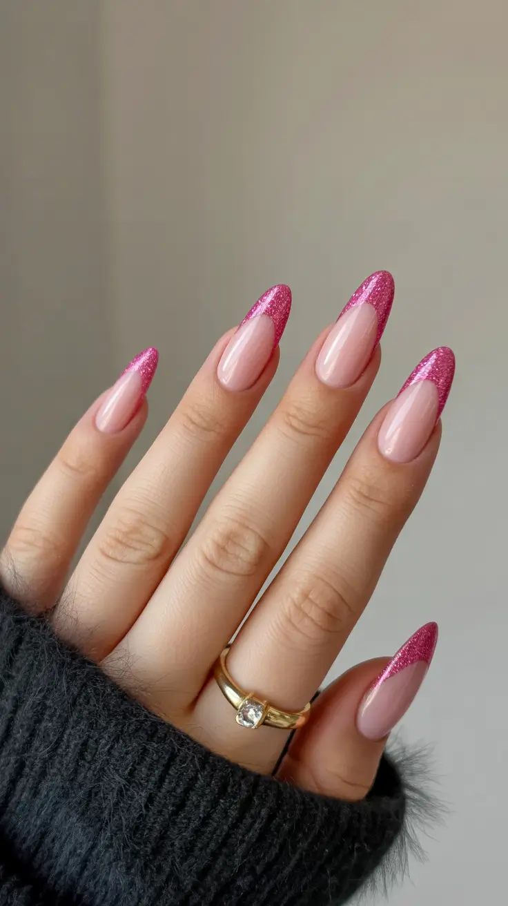 classy spring hot pink nails 2026 Shimmering Pink French Tips for a Subtle Glam Moment