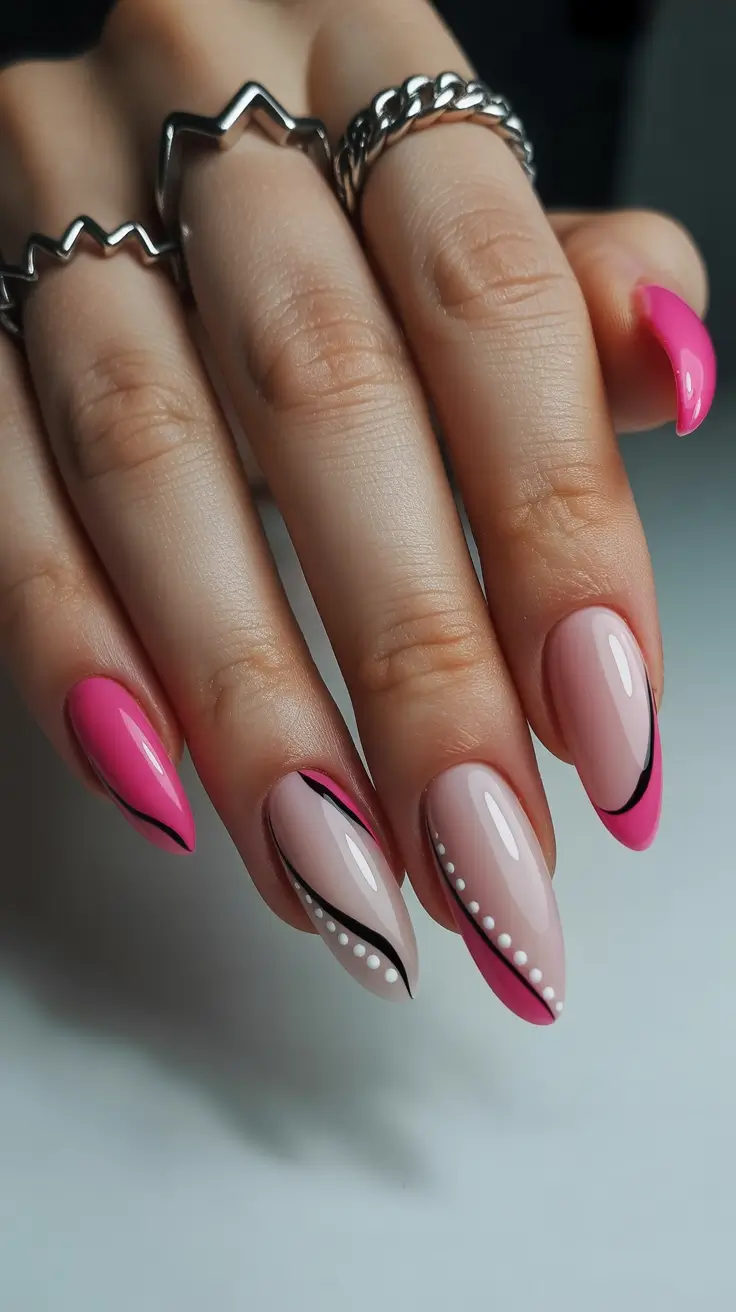 classy spring hot pink nails 2026 Graphic Pink and Black Accent Lines for Modern Contrast