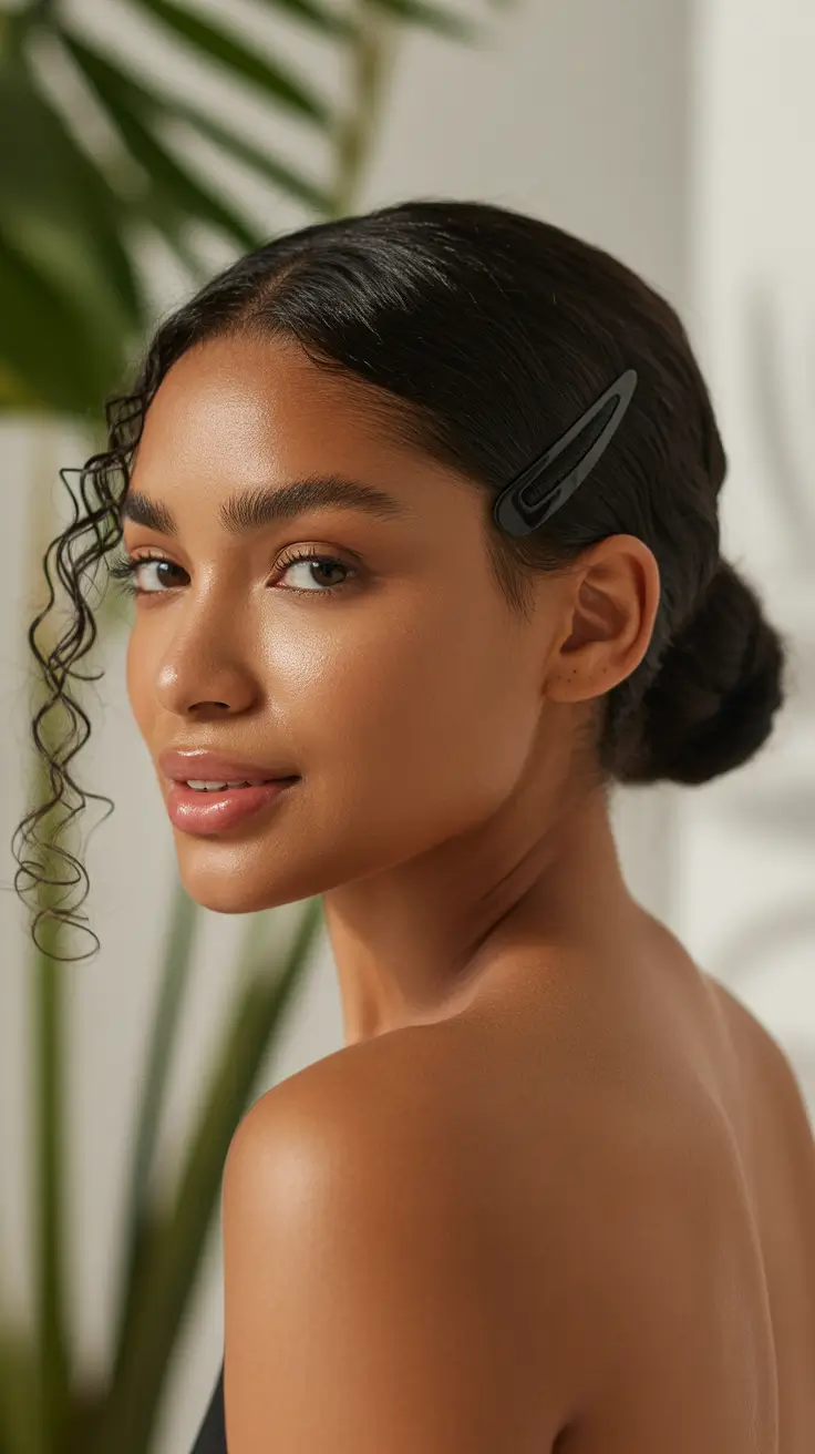 graduation hairstyles ideas 2026 Minimalist Sleek Bun with Natural Curl Accent