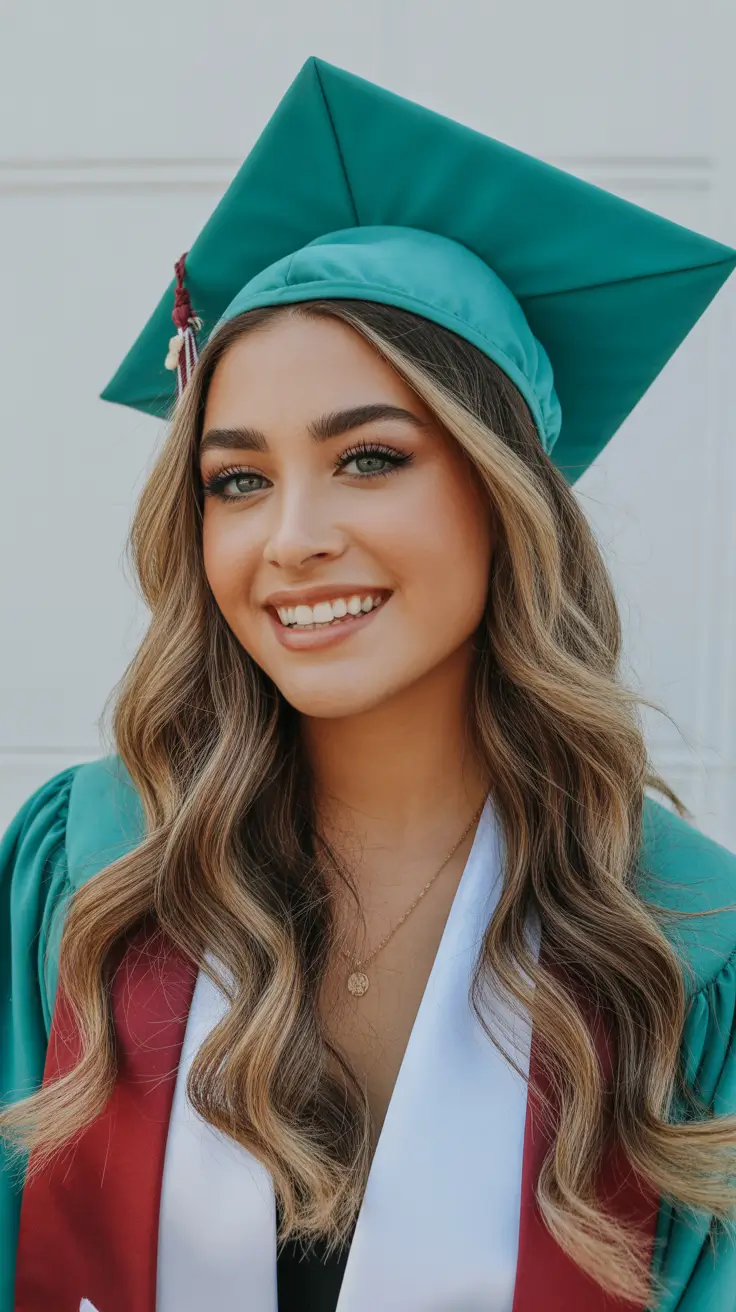 graduation hairstyles ideas 2026 Soft Glam Graduation Waves That Work Beautifully with a Cap