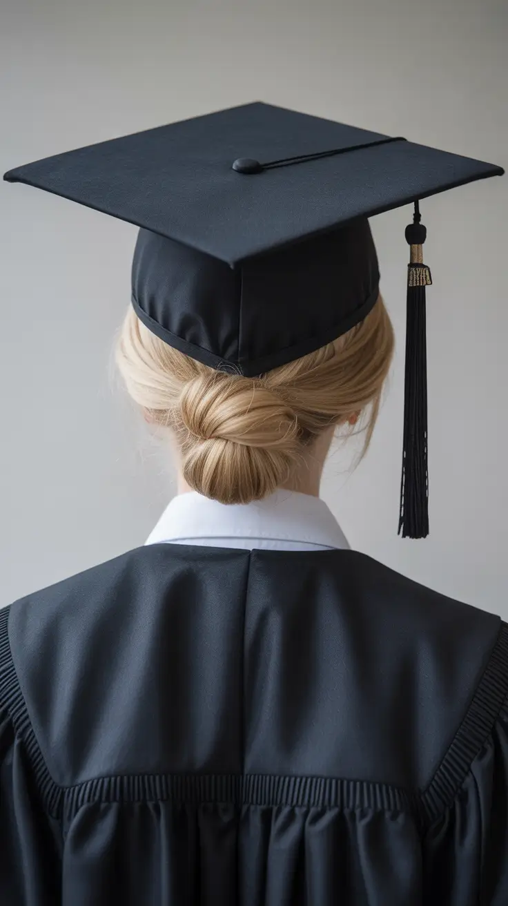 graduation hairstyles ideas 2026 Classic Low Graduation Bun That Fits Perfectly Under the Cap