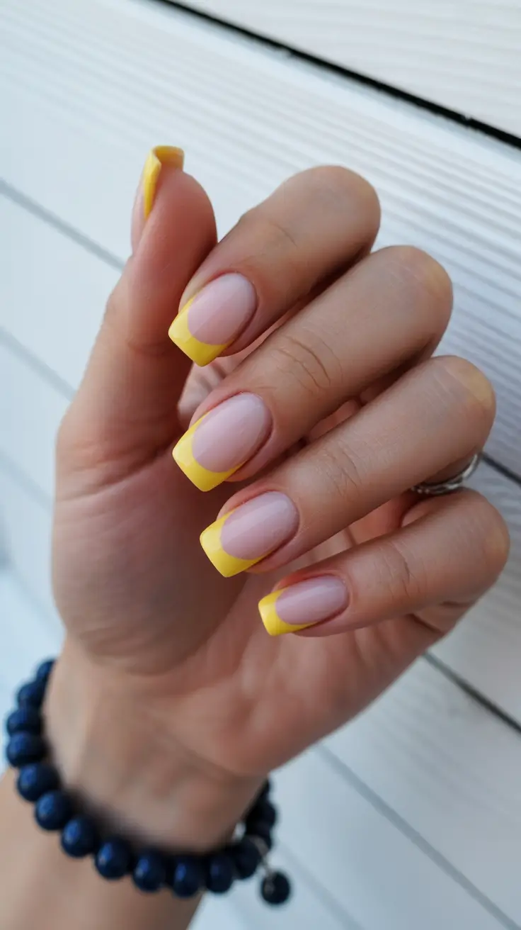 graduation nails ideas 2026 Sunny Yellow Square French for Playful Graduation Style