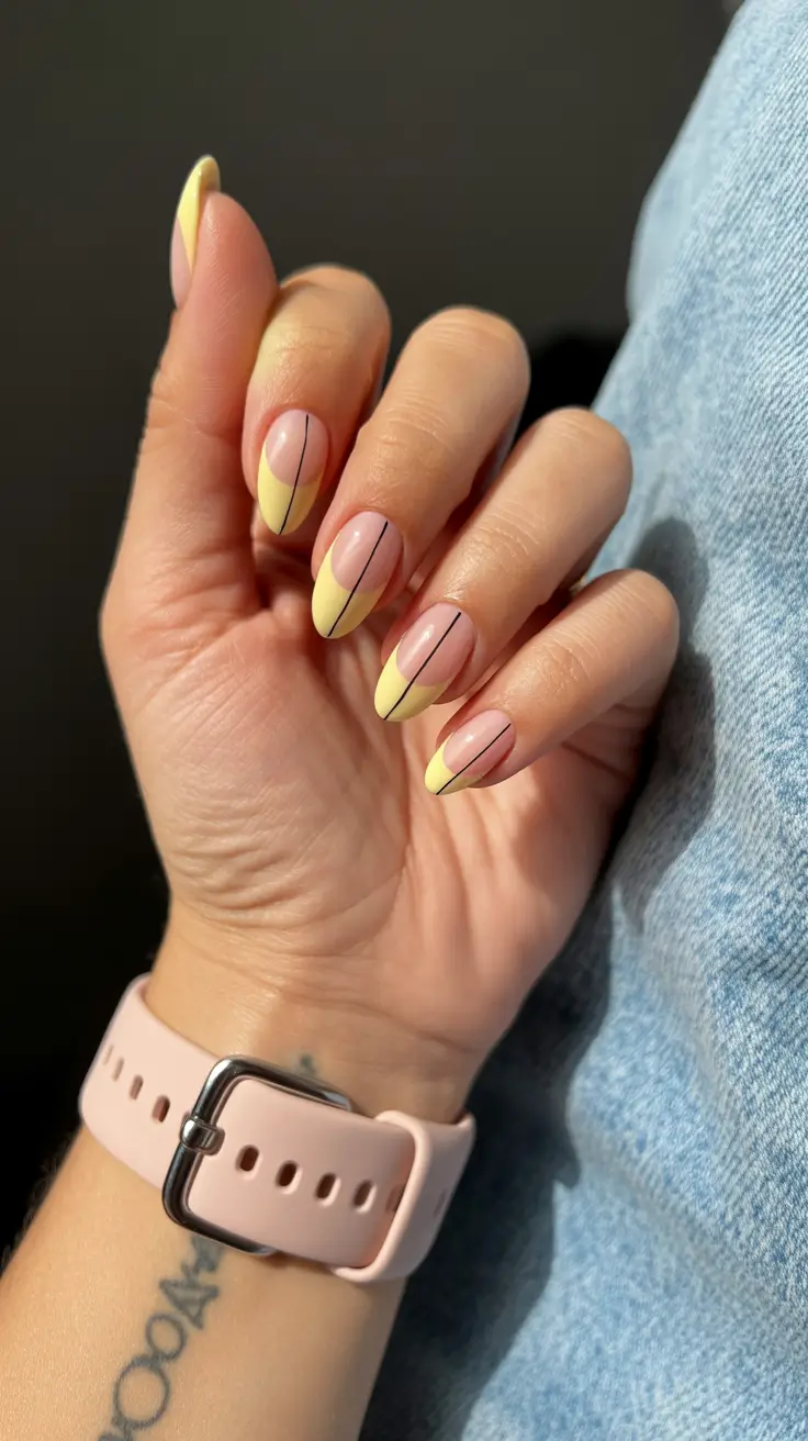 graduation nails ideas 2026 Geometric Lemon Almond Nails with Modern Line Details