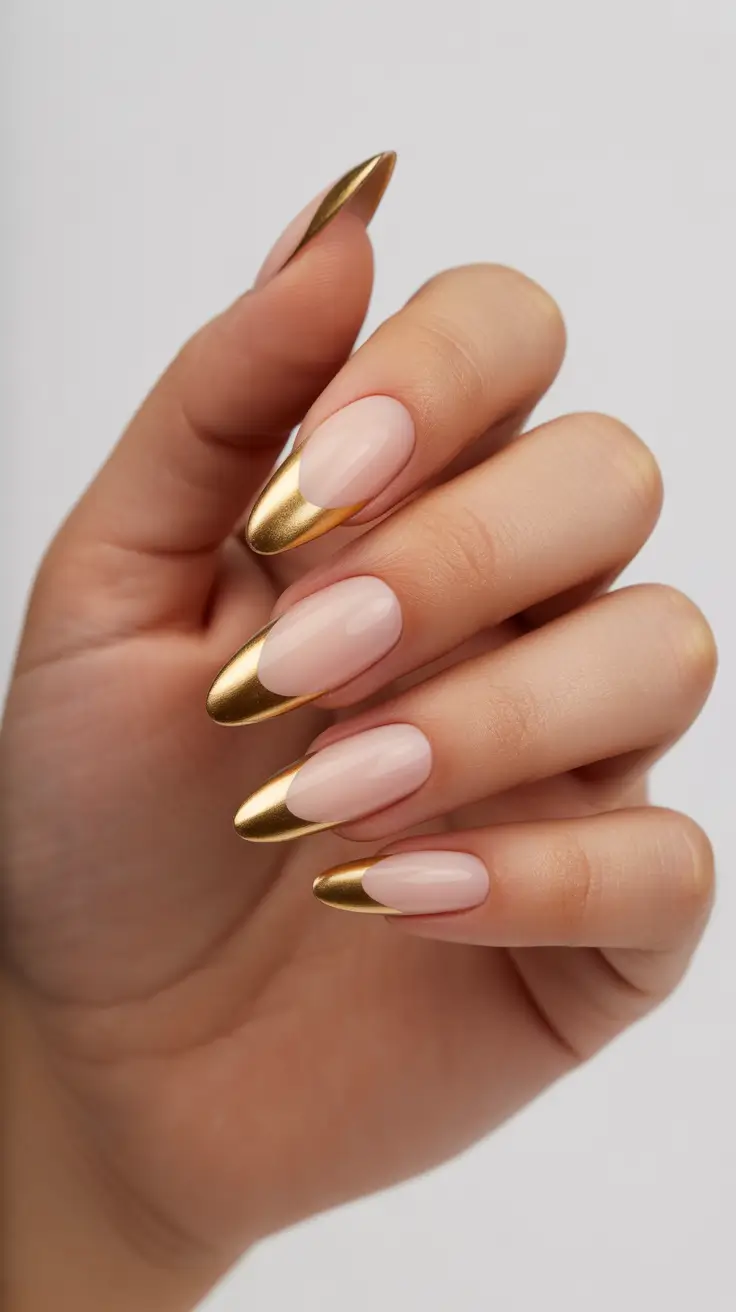 graduation nails ideas 2026 Minimal Nude Almond Nails with Metallic Gold Tips